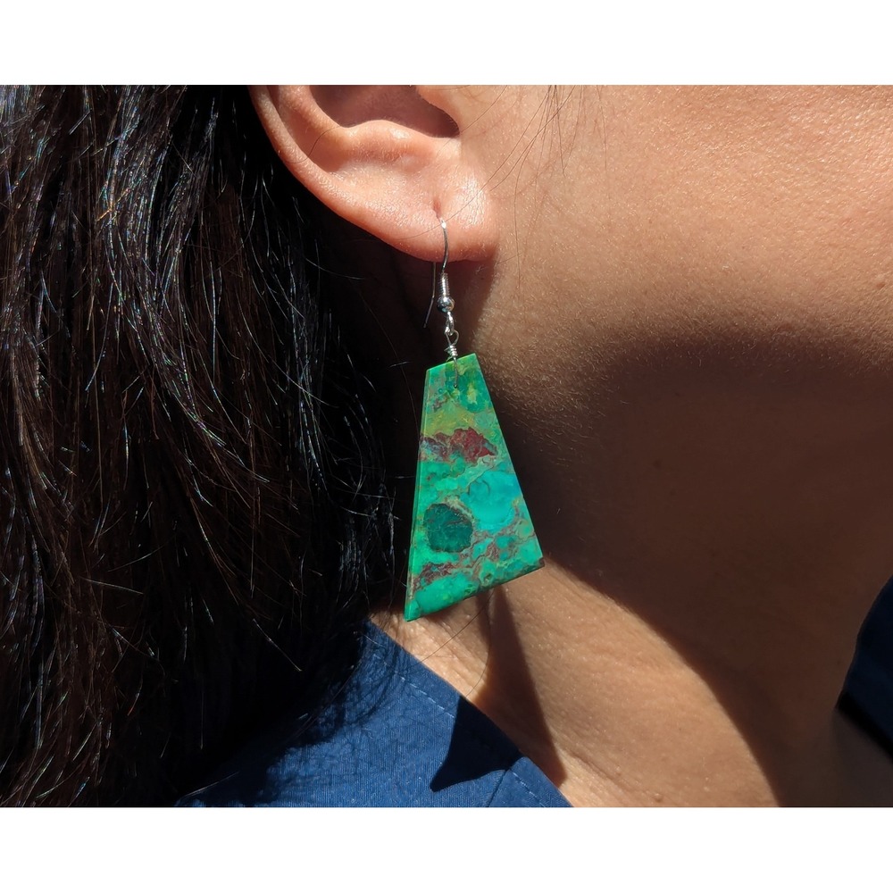 Navajo Earrings Handmade Native American Green Turquoise Slab Silver Jewelry **